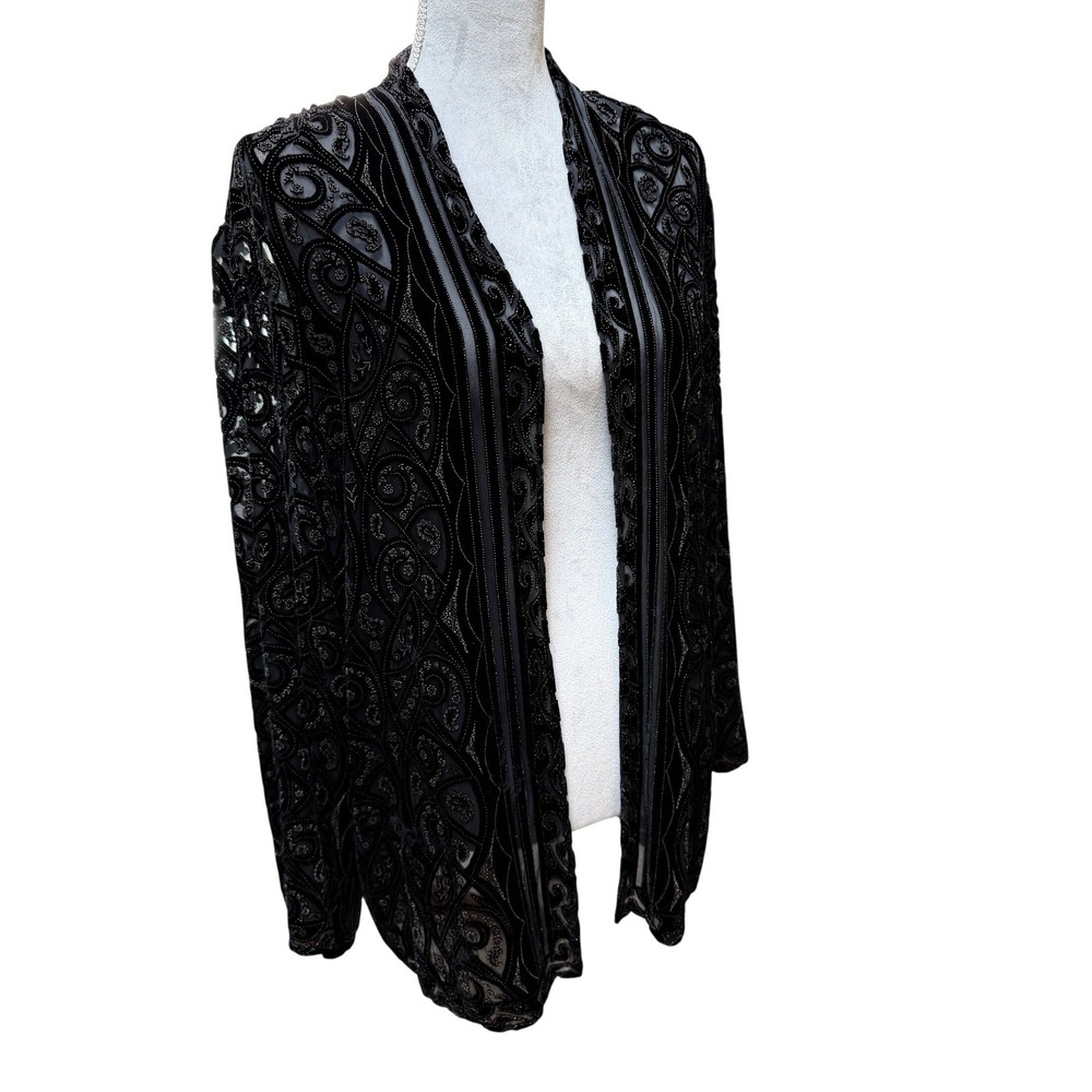 Carole Little Black Silk Blend Burnout Paisley Velvet Open Cardigan 6 Whimsigoth